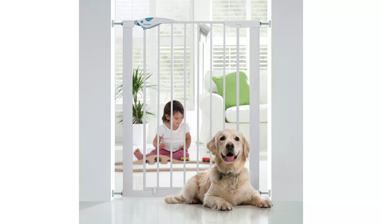 Lindam Easy Fit Extra Tall white safety gate with pressure fit installation