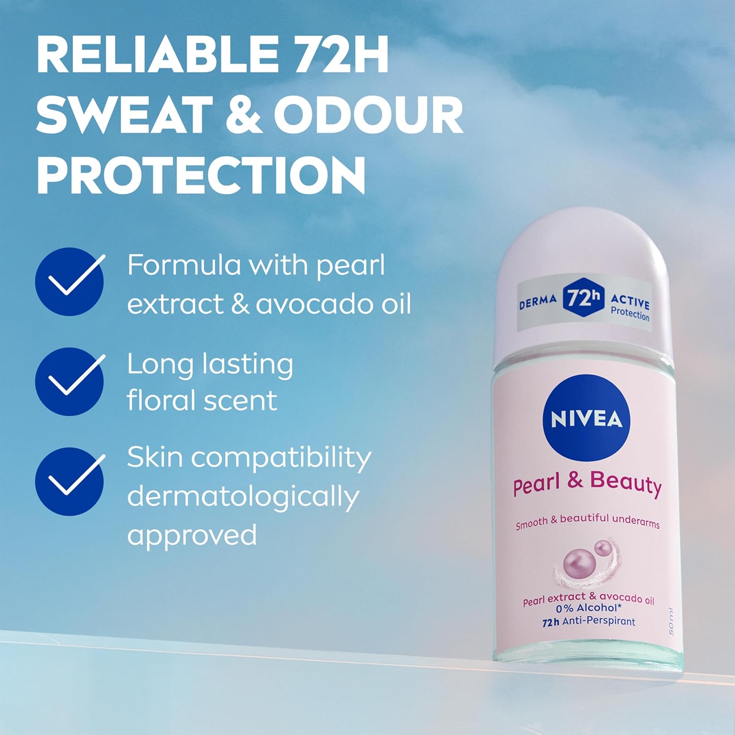 Nivea Pearl & Beauty white anti-perspirant roll-on deodorant 50ml bottle