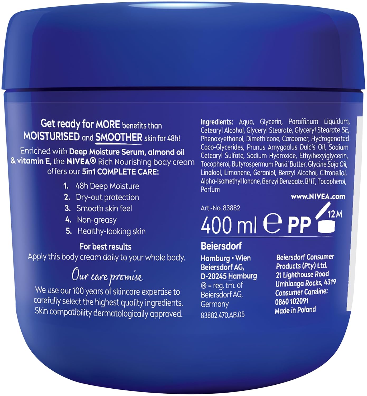 Nivea Rich Nourishing Body Cream with Almond Oil 400ml blue jar