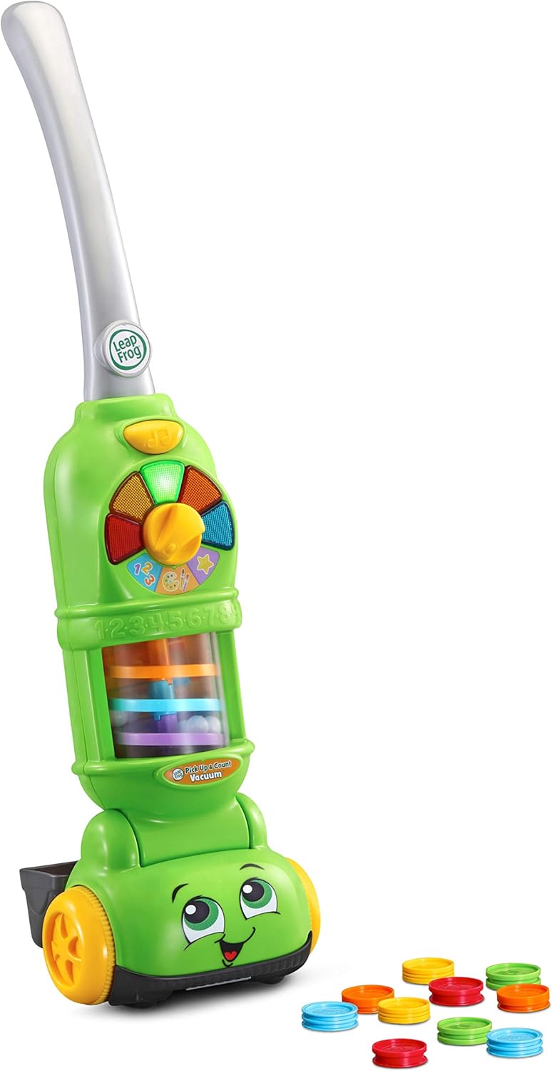 LeapFrog Pick Up and Count Vacuum toy with coloured discs, green and yellow design