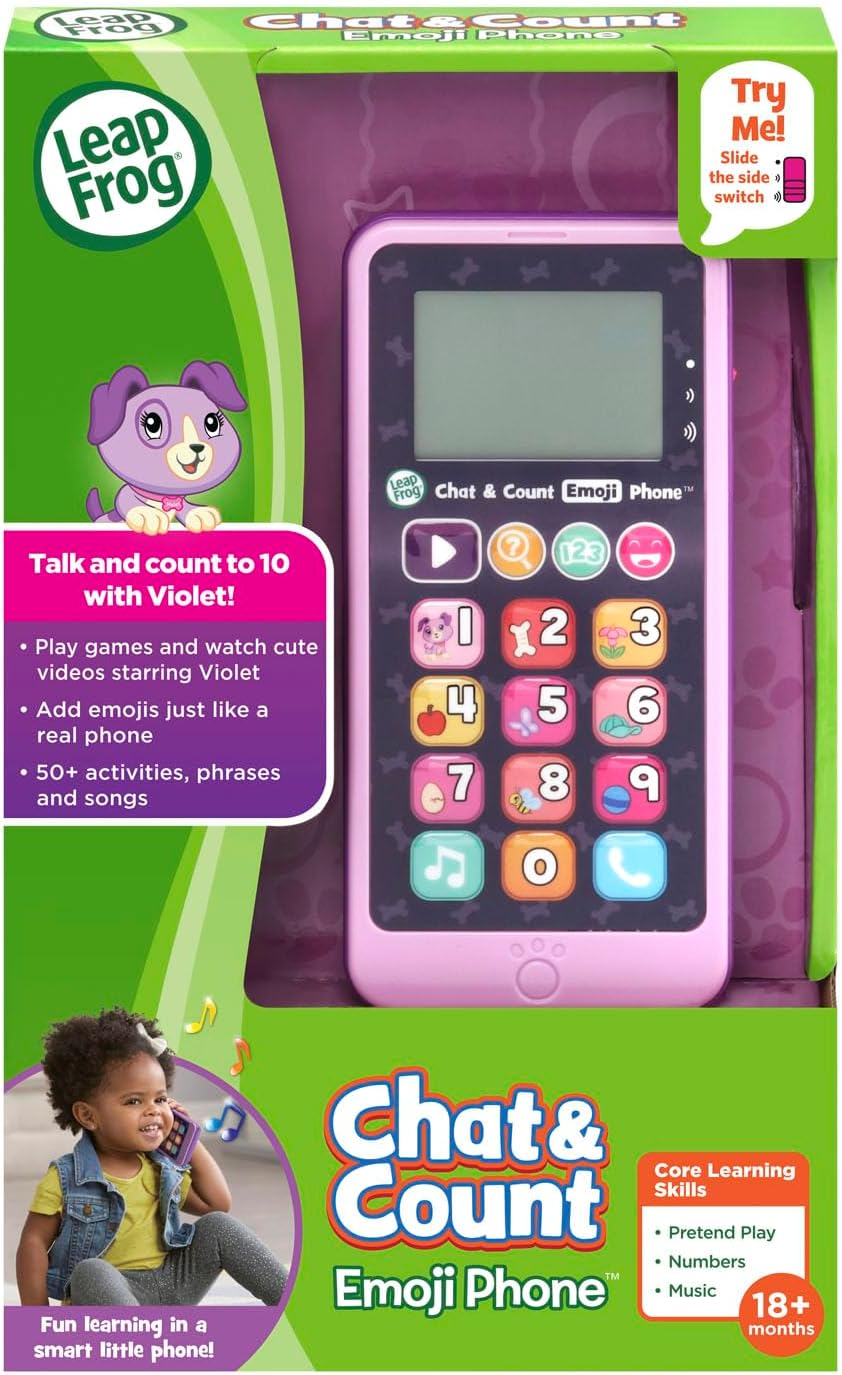 LeapFrog Chat & Count Emoji Phone in purple and pink with interactive buttons
