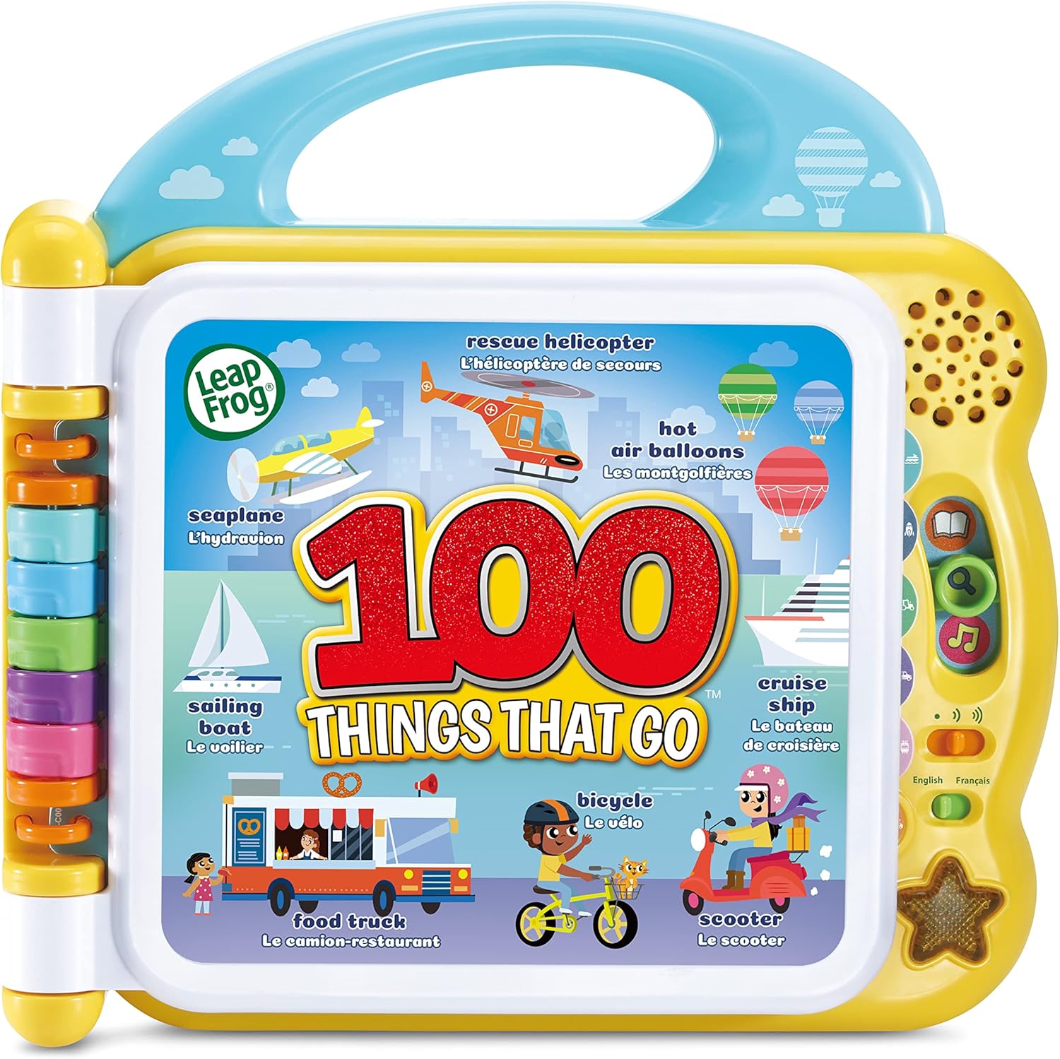 LeapFrog 100 Things That Go interactive learning book with yellow handle and coloured buttons