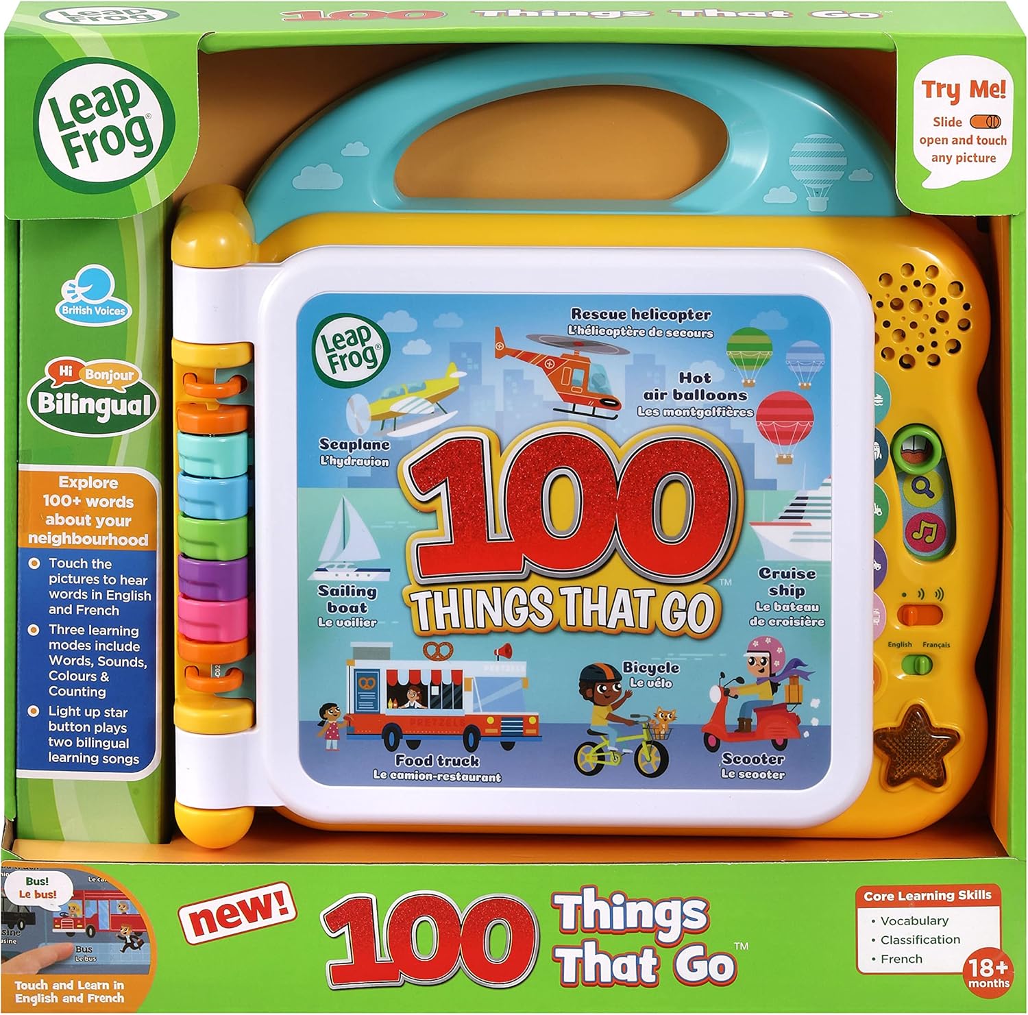 LeapFrog 100 Things That Go bilingual learning tablet with yellow handle