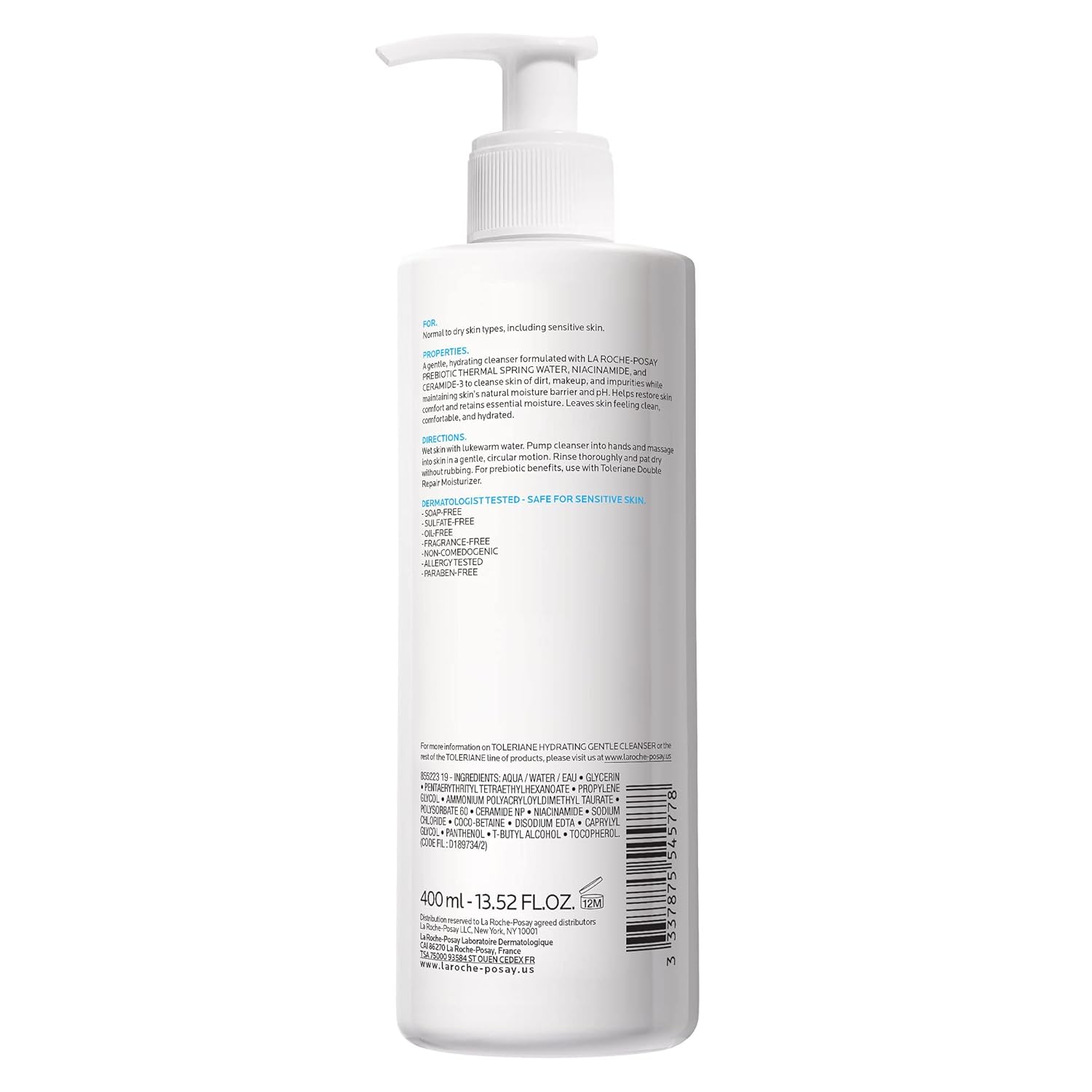 La Roche-Posay Toleriane Hydrating Gentle Cleanser 400ml white pump bottle