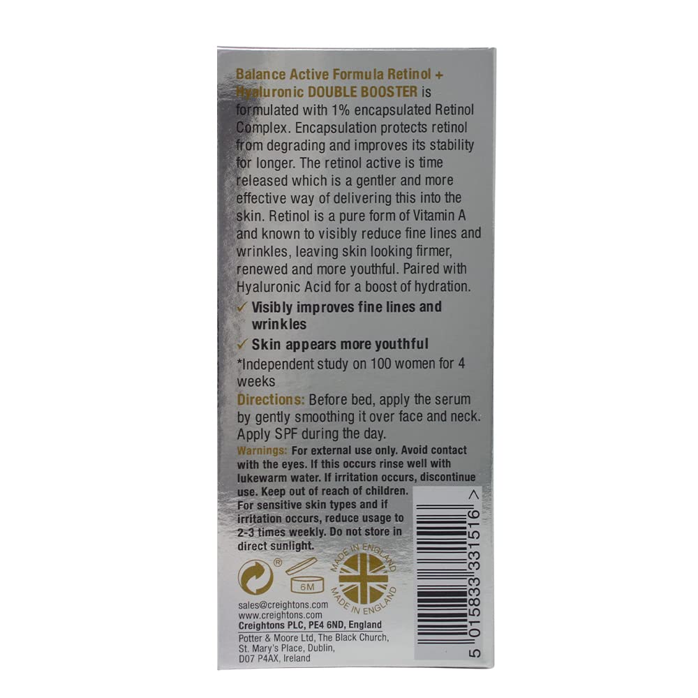 Balance Active Formula Retinol + Hyaluronic Double Booster serum bottle back label