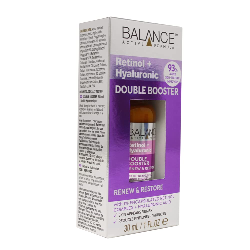 Balance Active Formula Retinol + Hyaluronic Double Booster serum 30ml bottle in purple packaging