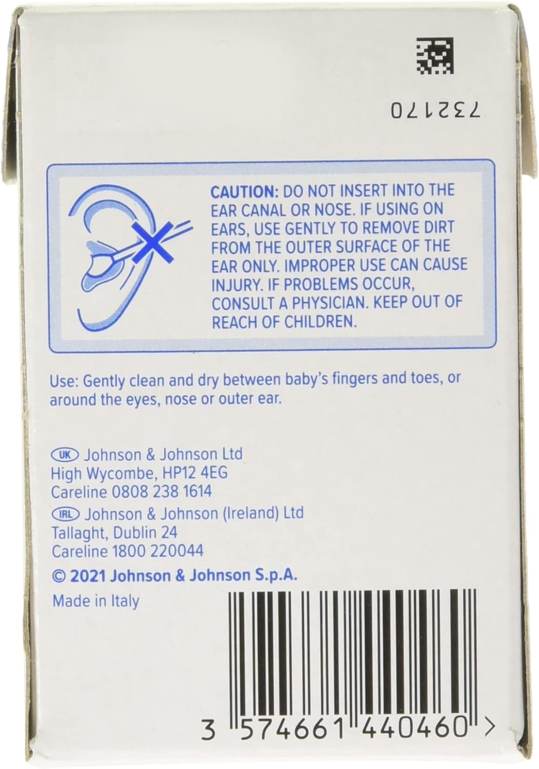Johnson's Baby Cotton Buds 100 pack white box back label