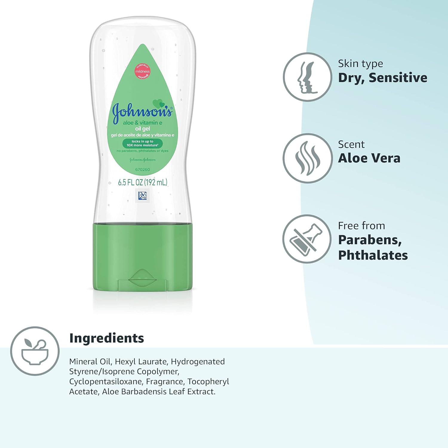 Johnson's Baby Oil Gel with Aloe Vera and Vitamin E, 192 ml bottle