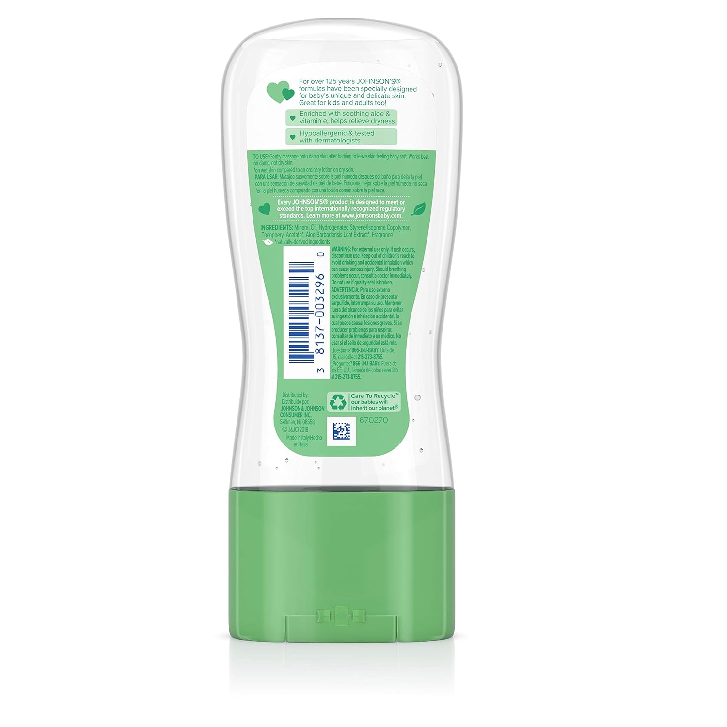Johnson's Baby Oil Gel with Aloe Vera and Vitamin E, green and white bottle