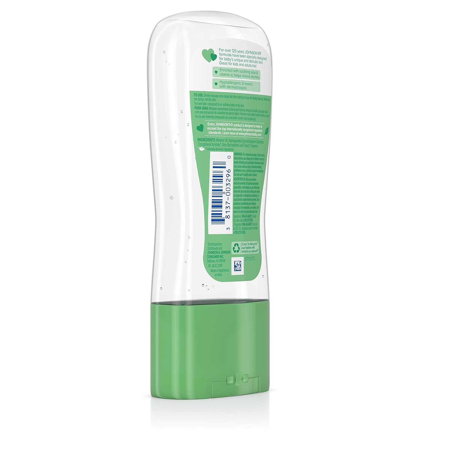 Johnson's Baby Oil Gel with Aloe Vera and Vitamin E, green and white bottle