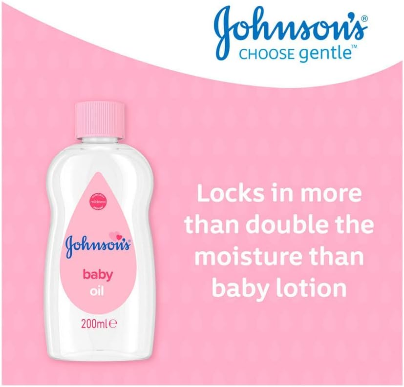 Johnson's Baby Oil 200ml clear bottle with pink label
