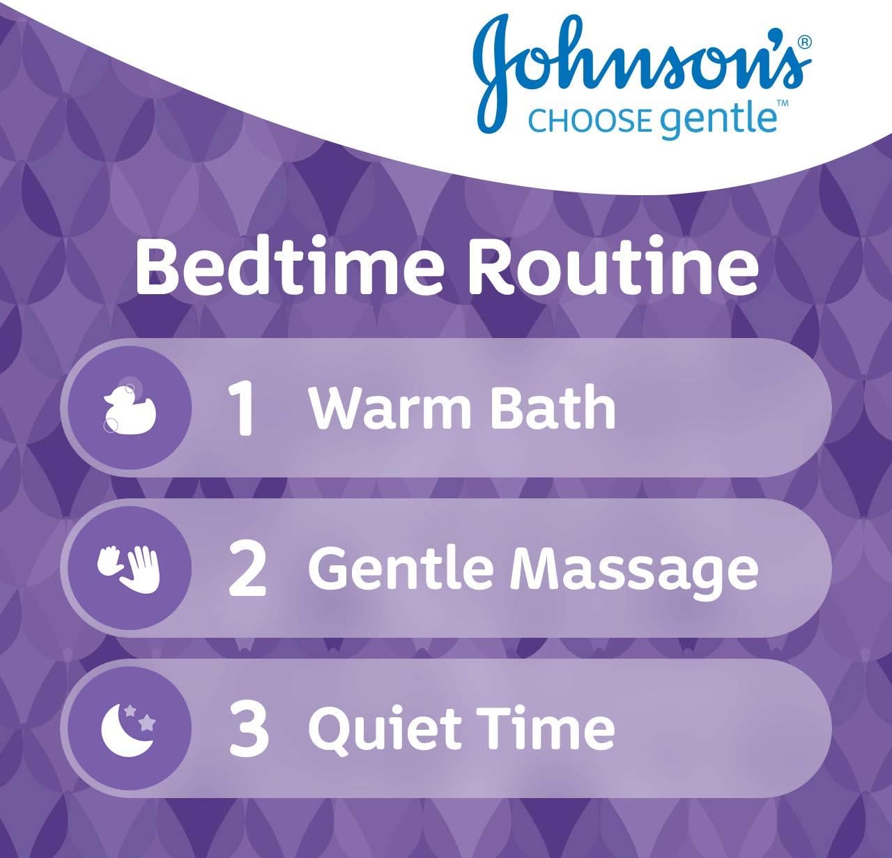 Johnson's Baby Bedtime Bath purple 300ml bottle with routine steps