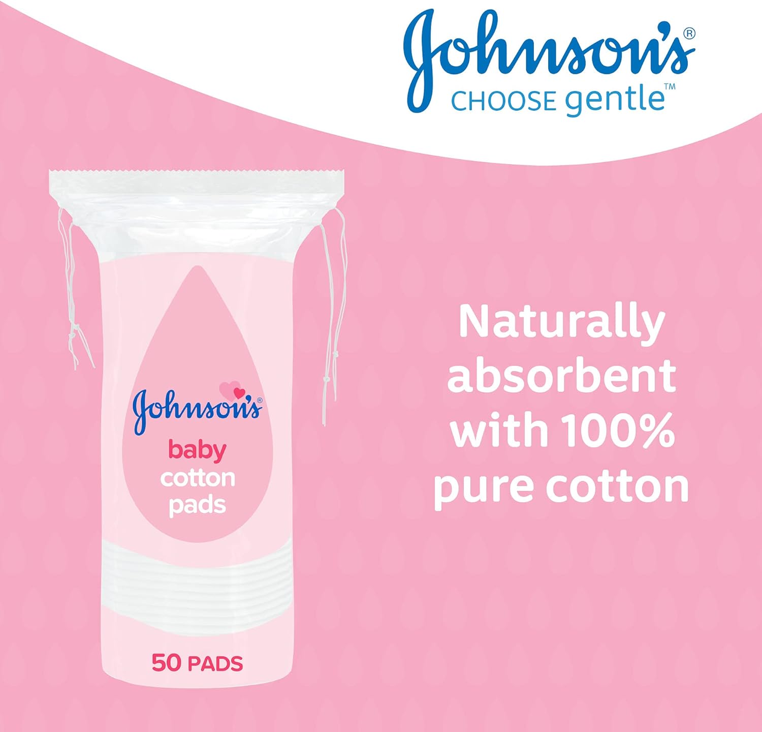 Johnson's Baby Cotton Pads, pack of 50, white and pink packaging