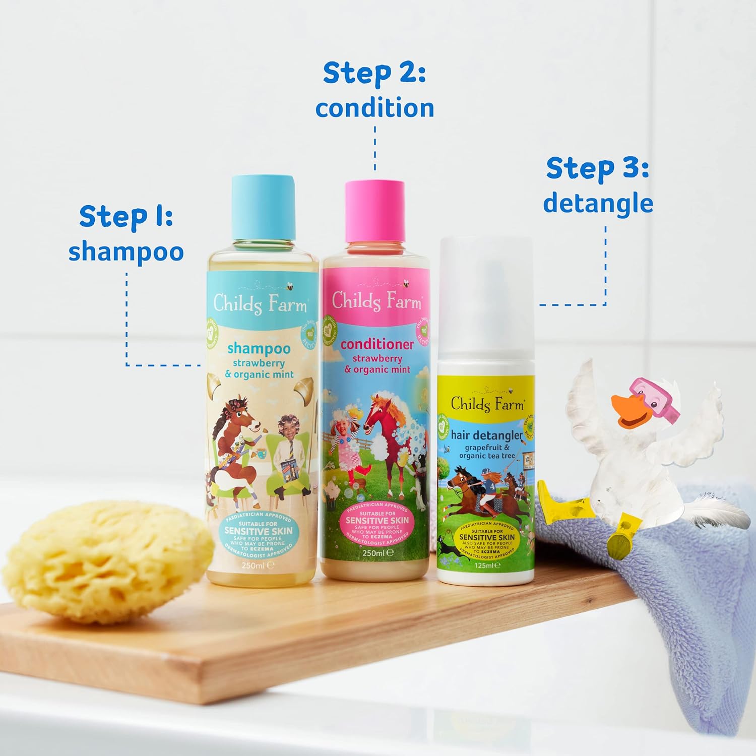 Childs Farm strawberry and organic mint shampoo 250ml pale yellow bottle