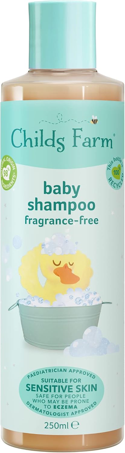 Childs Farm unfragranced baby shampoo 250ml bottle, turquoise and cream packaging