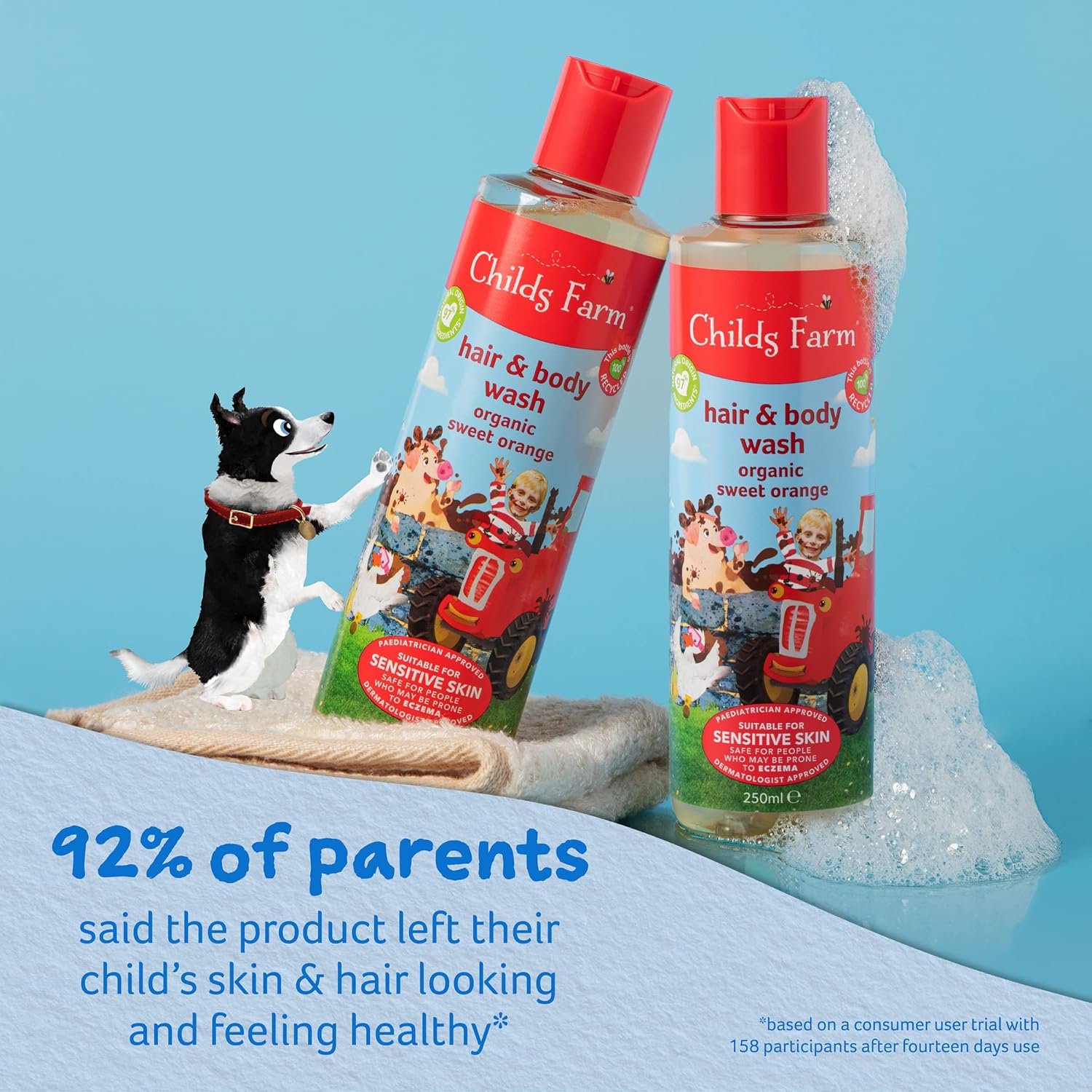 Childs Farm organic sweet orange hair and body wash 500ml bottles with red caps