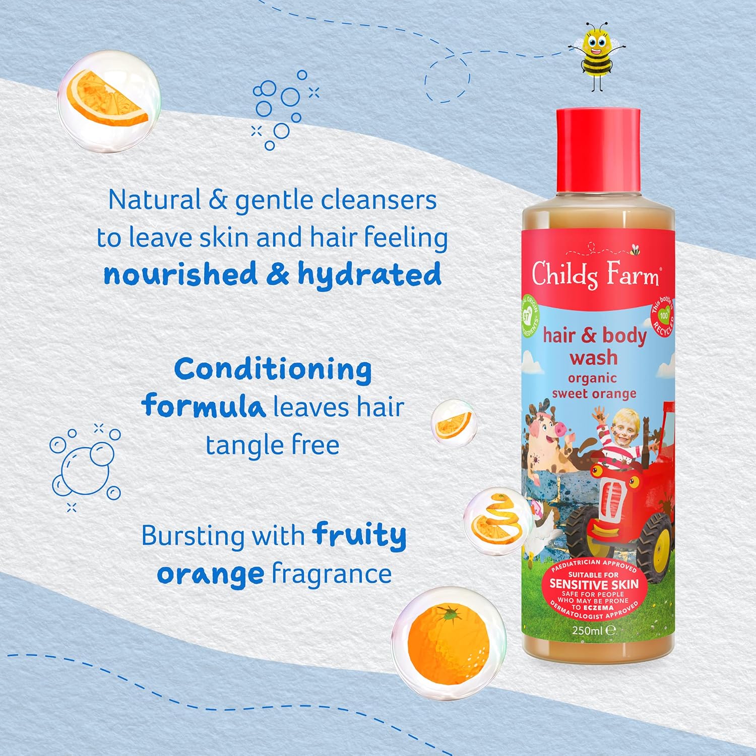 Childs Farm organic sweet orange hair and body wash 500ml bottle with red cap