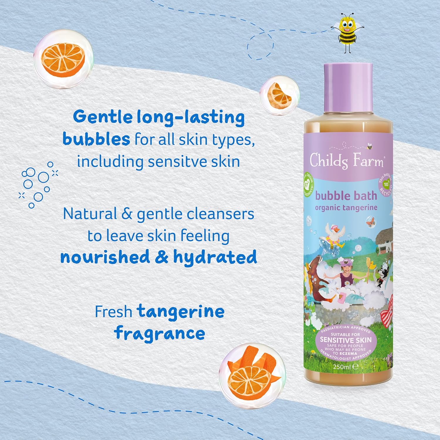 Childs Farm Bubble Bath Organic Tangerine 250ml bottle with purple cap