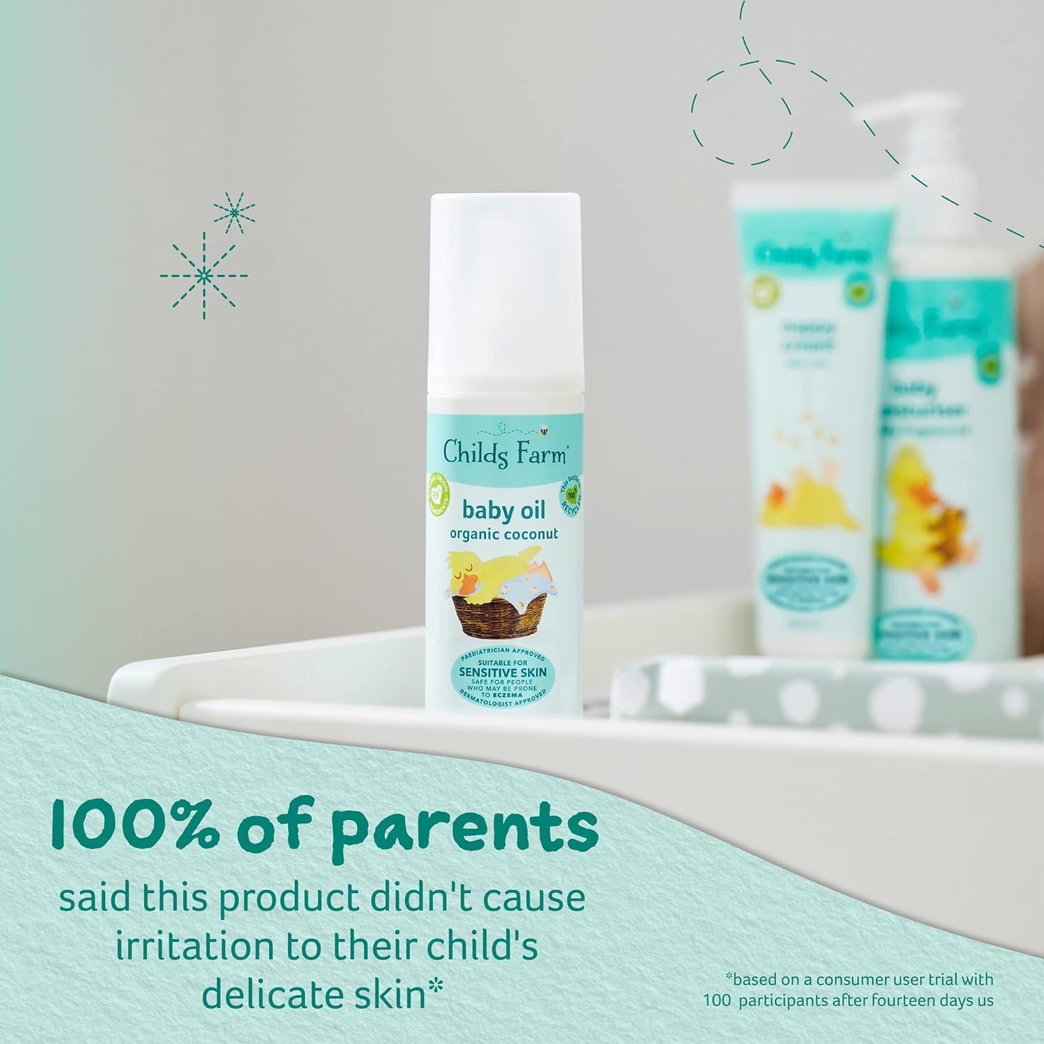 Childs Farm baby oil with organic coconut oil 75mL bottle with white pump cap
