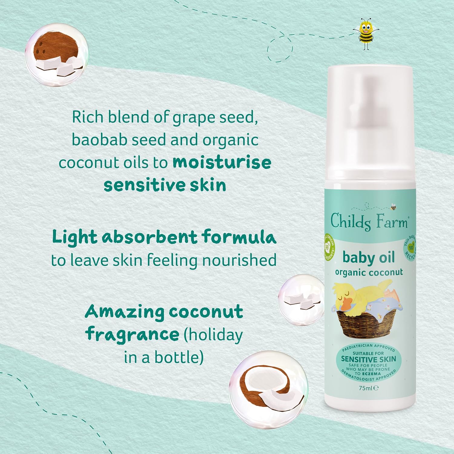 Childs Farm Baby Oil with organic coconut oil 75mL bottle with pump dispenser