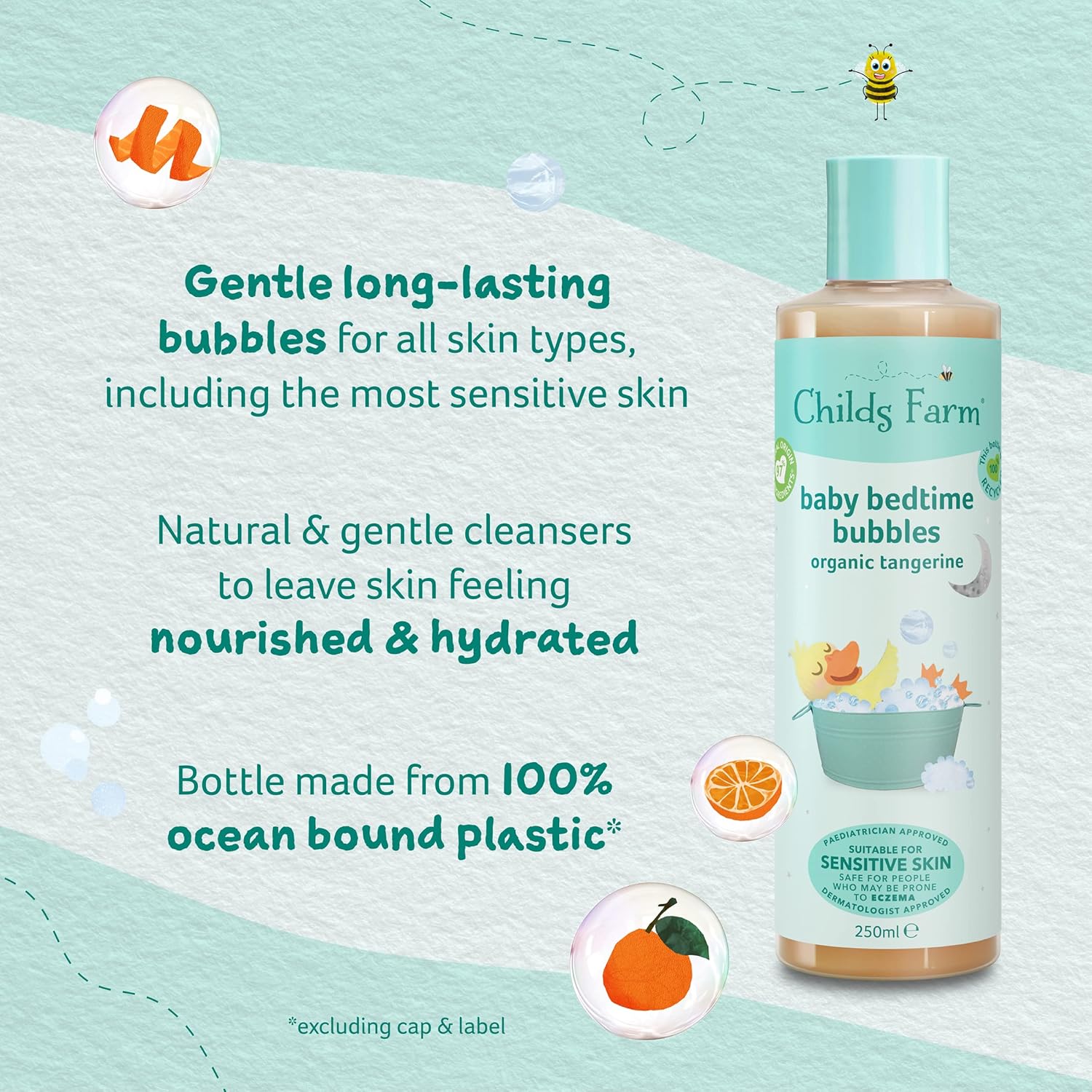 Childs Farm Baby Bedtime Bubbles organic tangerine 250ml bottle with turquoise cap