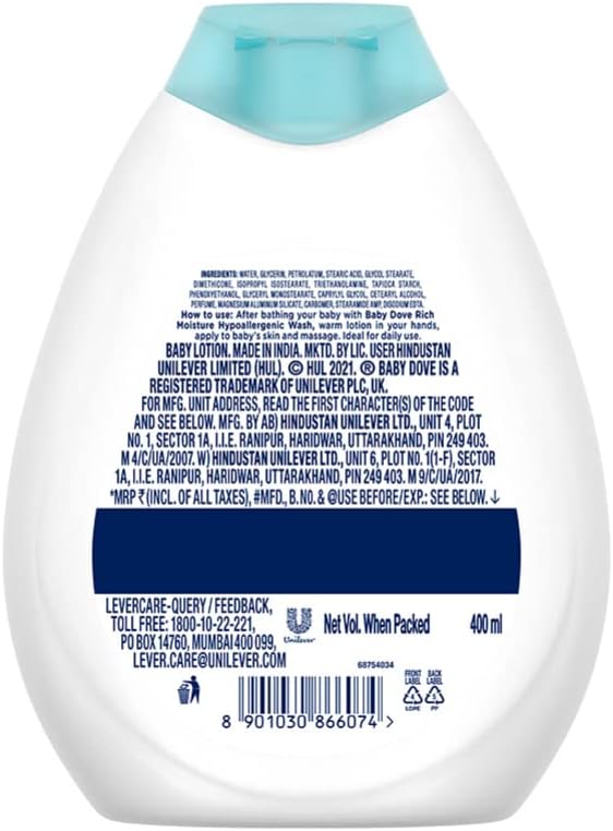 Baby Dove Rich Moisture Lotion 400ml white bottle with turquoise cap