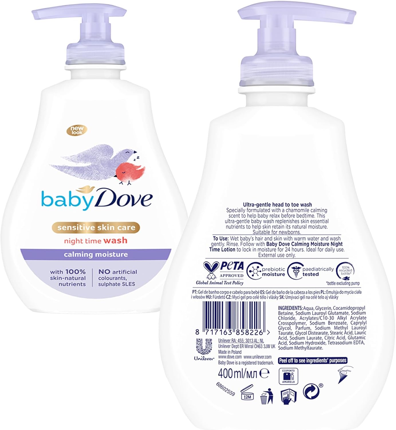 Baby Dove Calming Nights Head To Toe Wash 400ml pump bottle with purple pump top