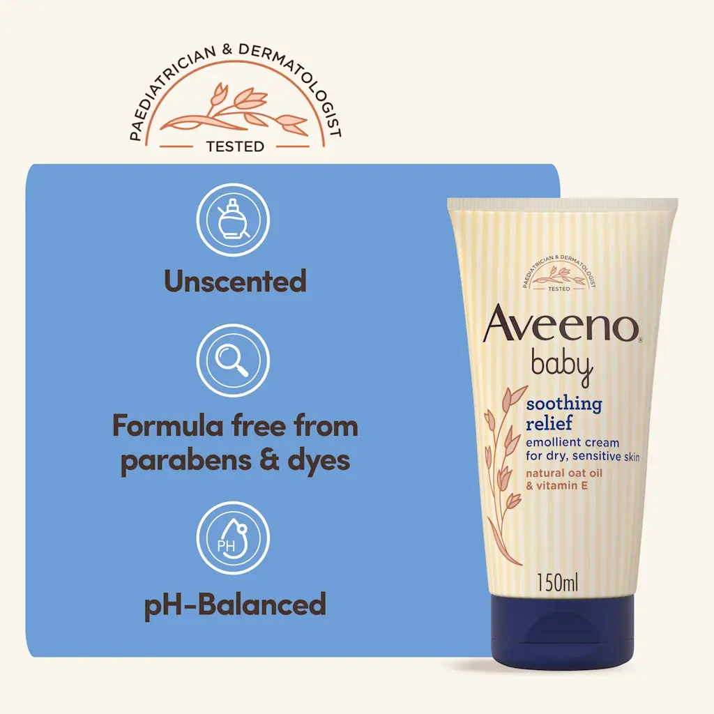 Aveeno Baby Soothing Relief Emollient Cream 150ml tube with oat oil and vitamin E