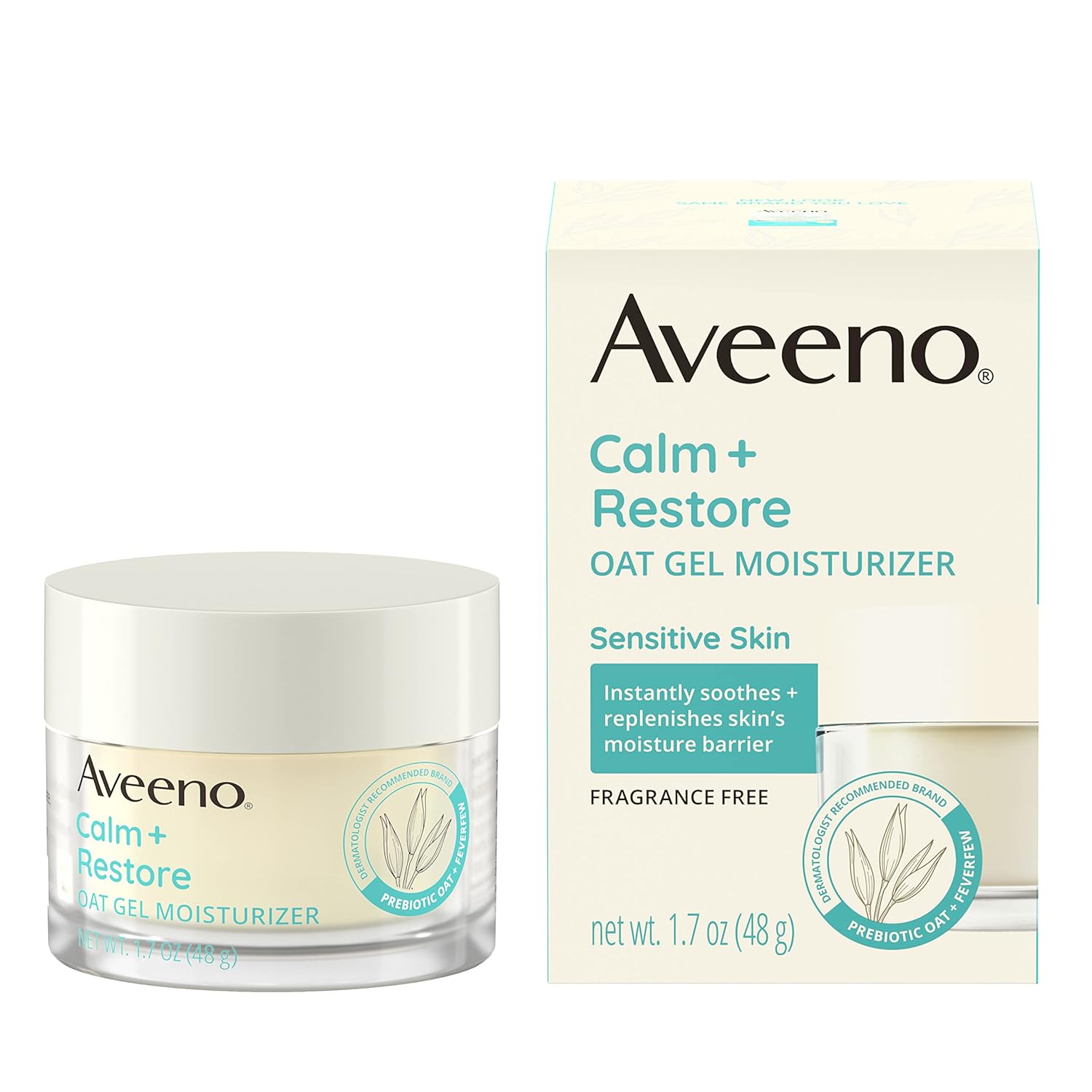 Aveeno Calm Restore oat gel moisturiser for sensitive skin 48g jar and box