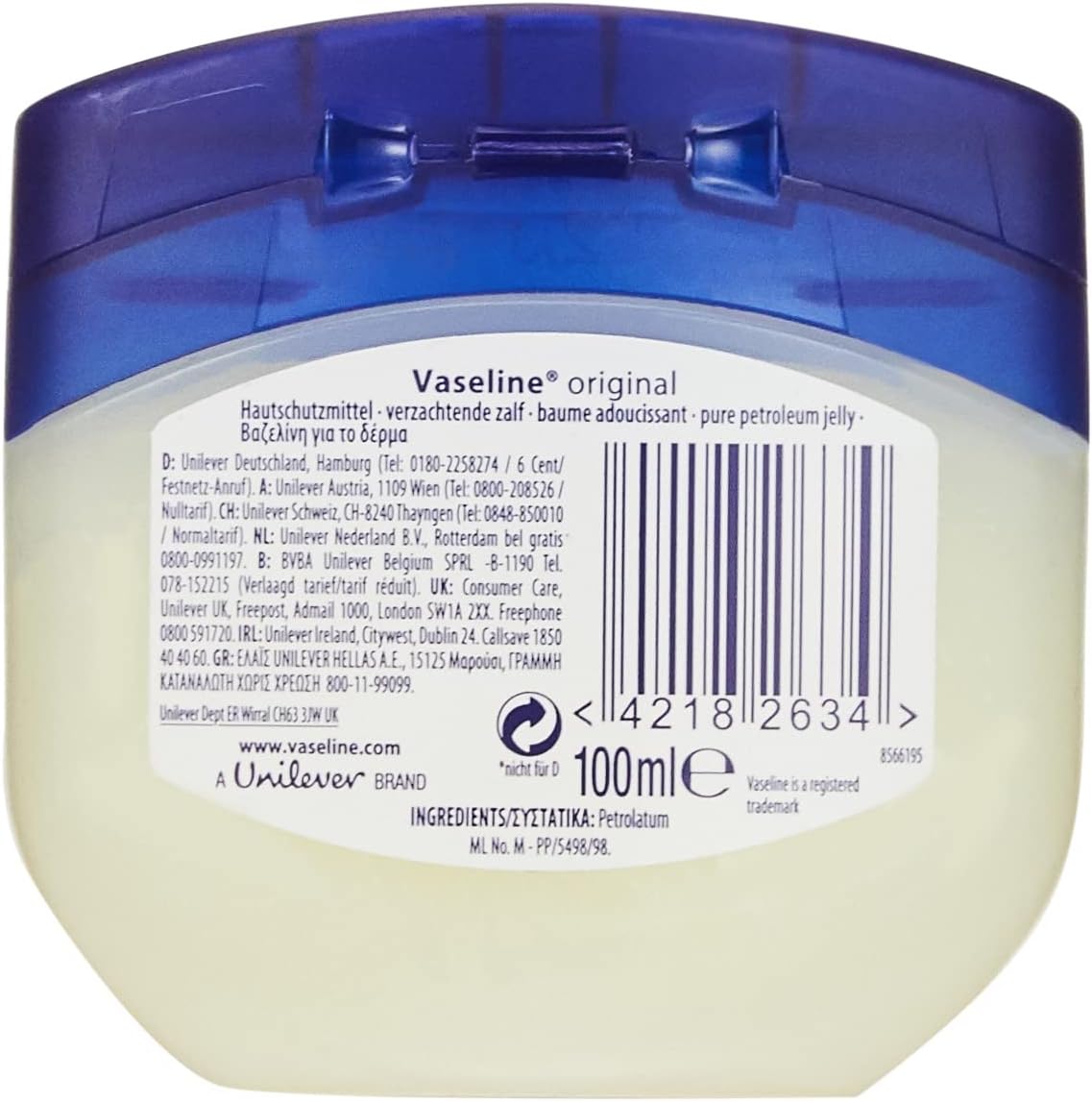 Vaseline Original pure petroleum jelly 100ml jar with blue lid