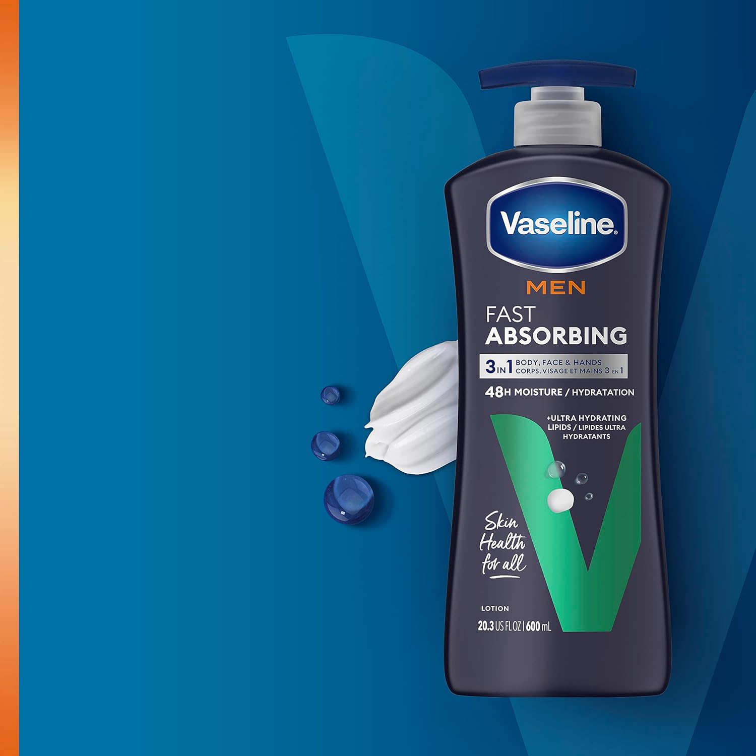 Vaseline Men Fast Absorbing body and face lotion 600ml dark bottle with pump dispenser