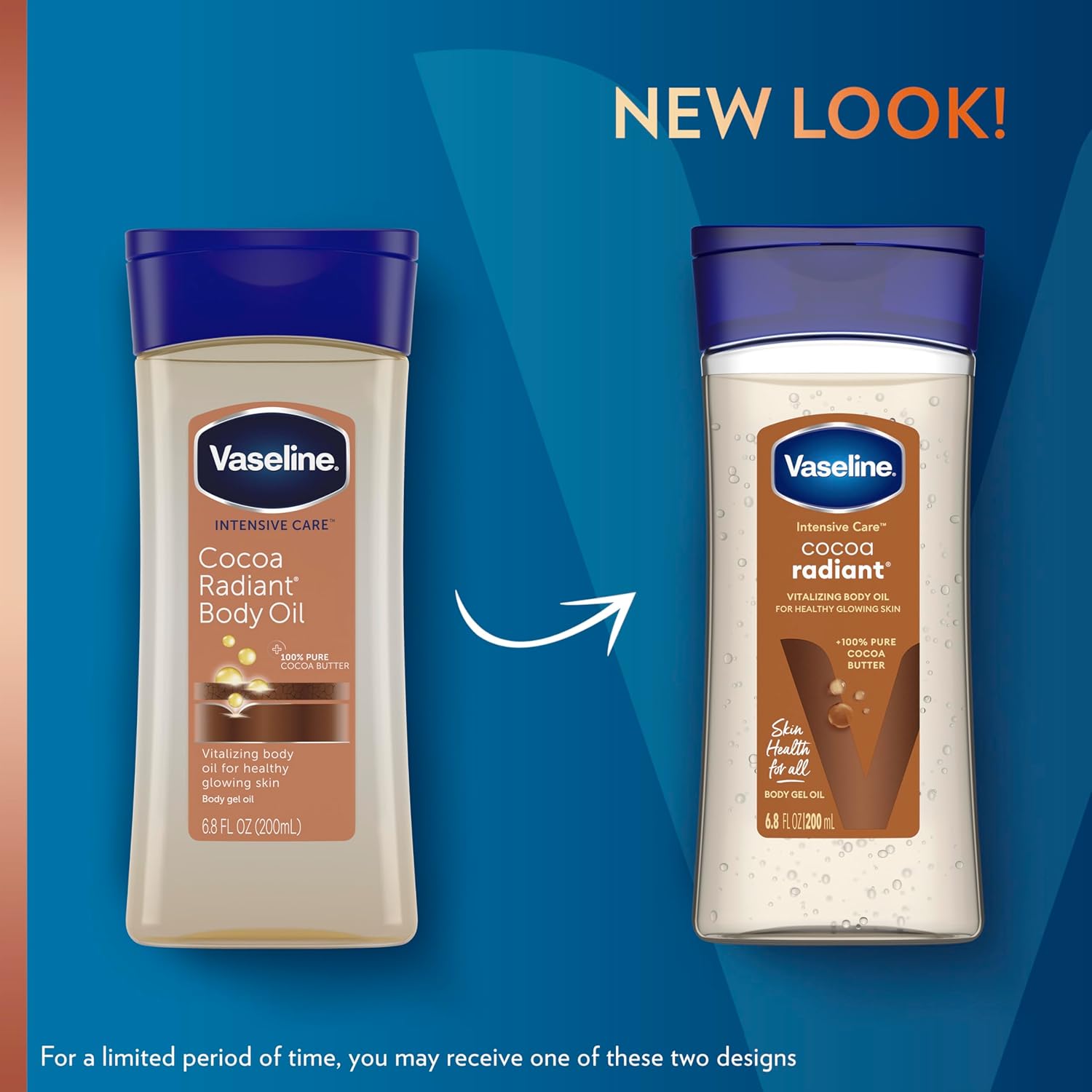 Vaseline Intensive Care Cocoa Radiant Body Gel Oil 200ml bottle with purple cap