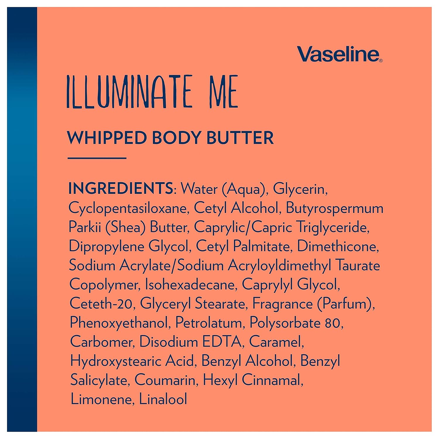 Vaseline Illuminate Me Whipped Body Butter 325ml coral packaging with ingredients