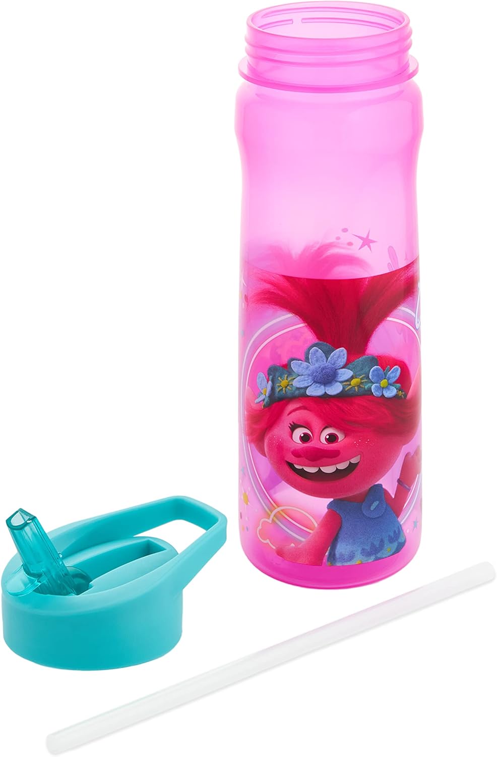 Trolls World Tour pink 600ml sports bottle with character design and turquoise cap