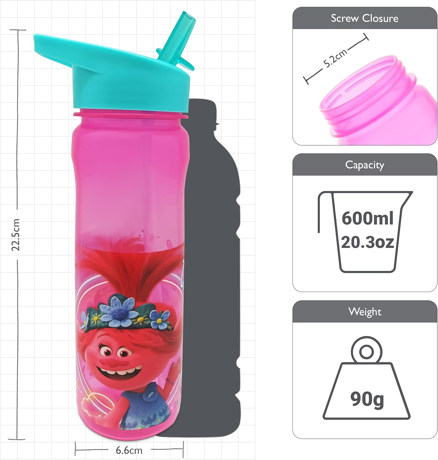 Trolls World Tour pink 600ml sports bottle with turquoise screw cap