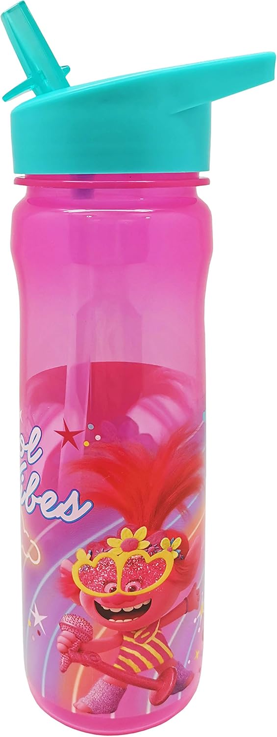 Trolls World Tour 600ml sports bottle with turquoise and pink design