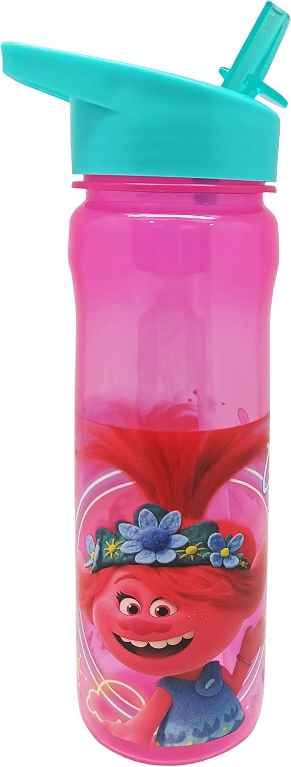 Trolls World Tour turquoise and pink 600ml sports bottle with straw lid