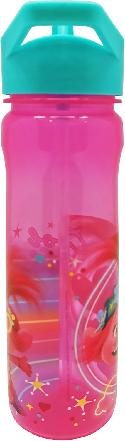 Trolls World Tour 600ml sports bottle with turquoise handle and pink body