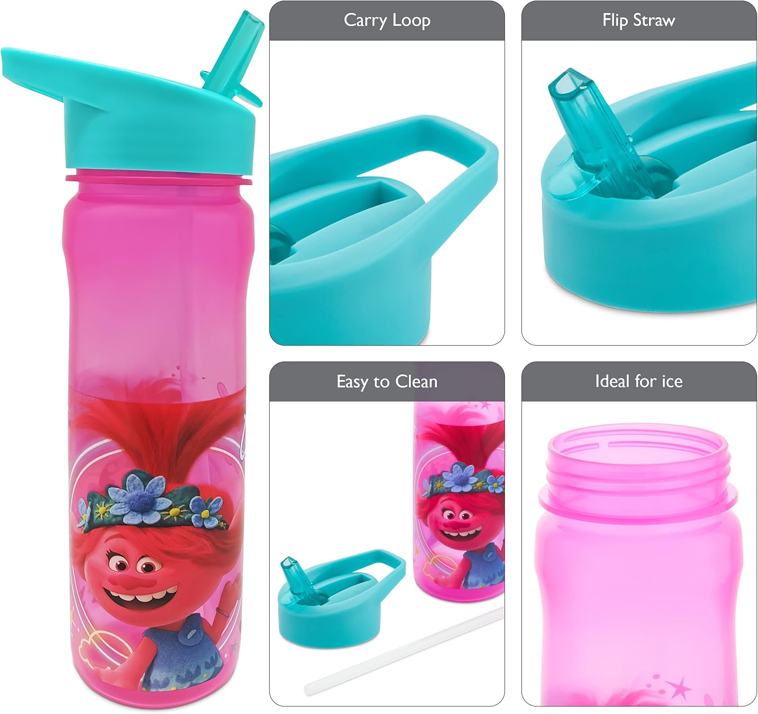 Trolls World Tour 600ml pink sports bottle with turquoise flip straw lid
