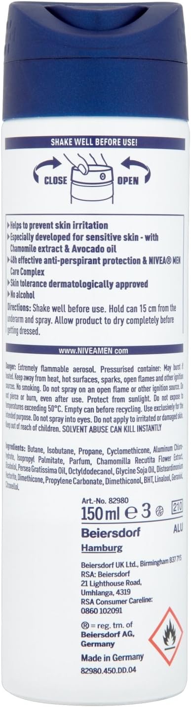 NIVEA MEN Sensitive Protect Anti-Perspirant Deodorant Spray 150ml blue white can
