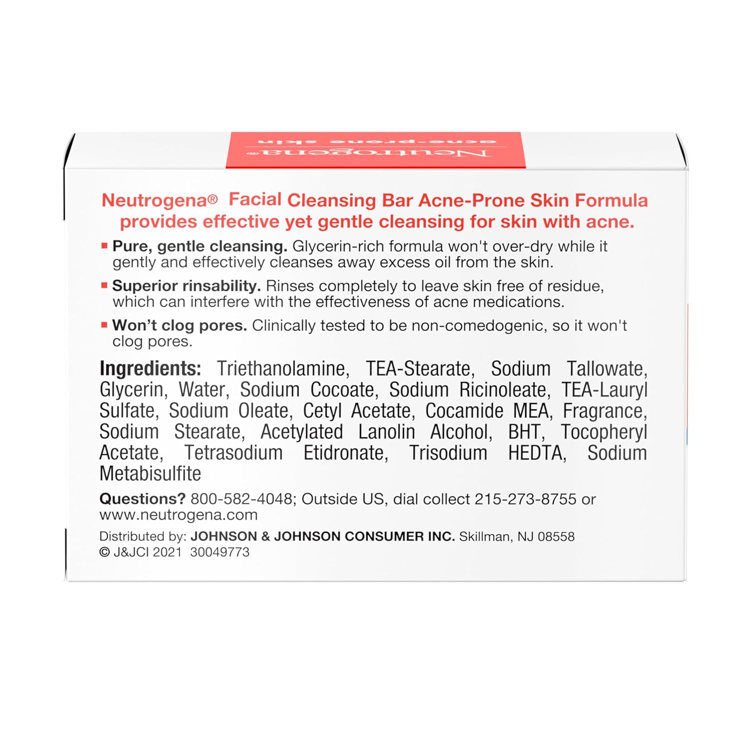 Neutrogena Facial Cleansing Bar for Acne-Prone Skin 99g box back