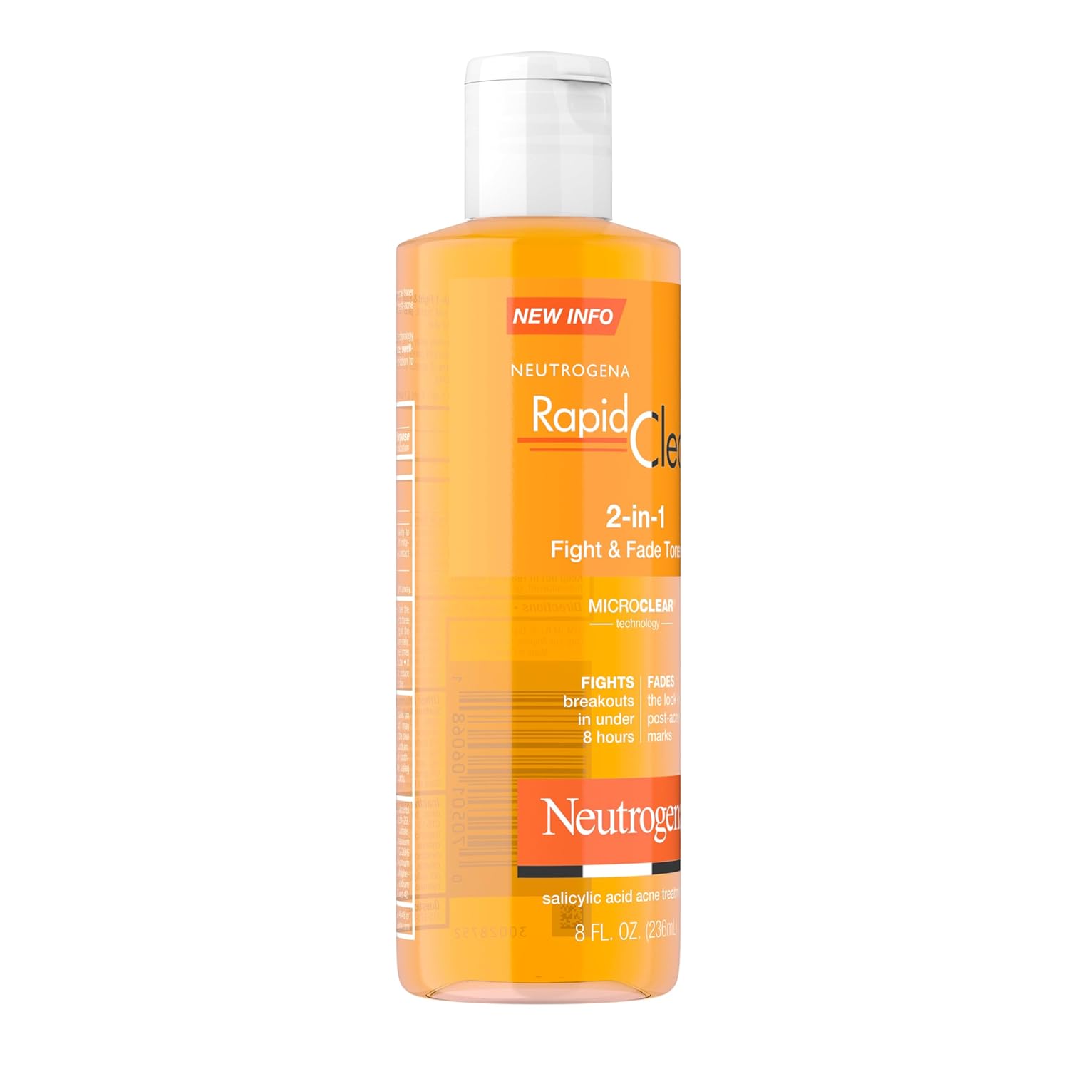 Neutrogena Rapid Clear 2-in-1 Fight & Fade Toner, 236 ml bottle with orange liquid