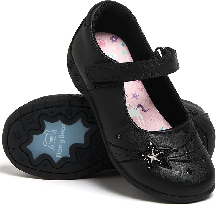 Black girls school shoes with unicorn and star design, Mary Jane style