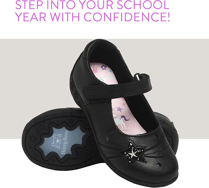 Black girls school shoes with unicorn design and Mary Jane strap