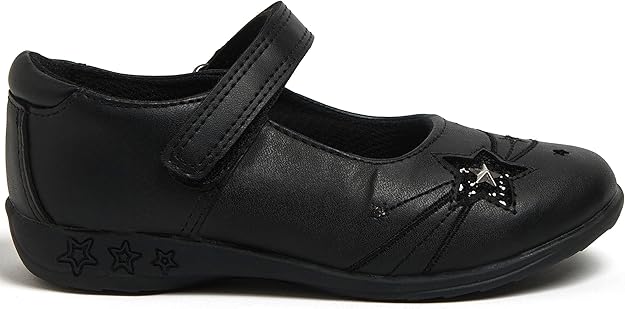 Girls school shoes black with unicorn and star design