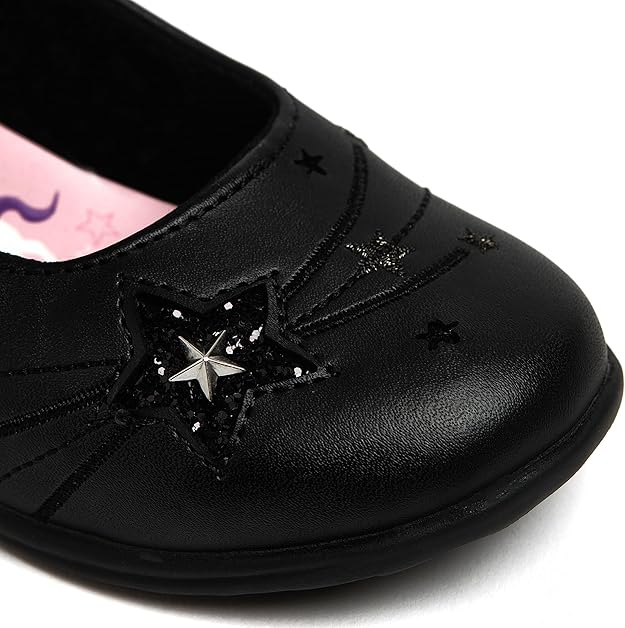 Black girls school shoes with unicorn star embellishment and pink lining