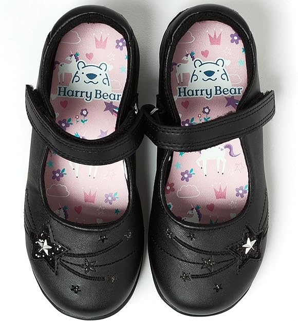 Harry Bear girls school shoes black with unicorn print lining