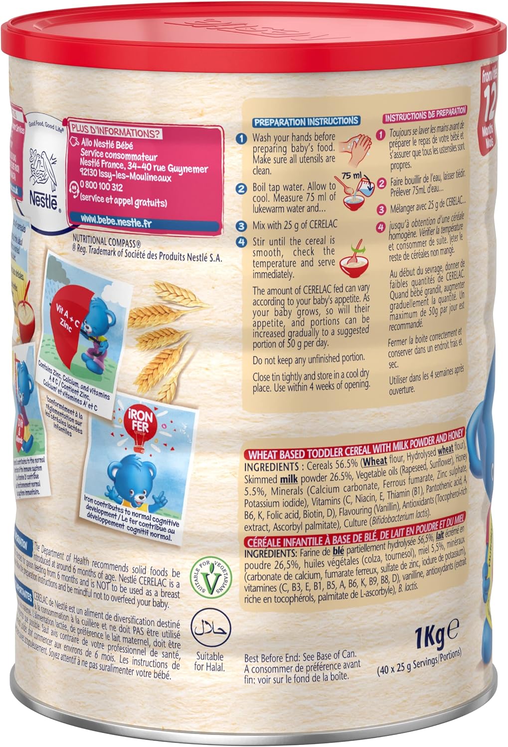 Nestlé Cerelac Honey and Wheat with Milk 1kg infant cereal tin