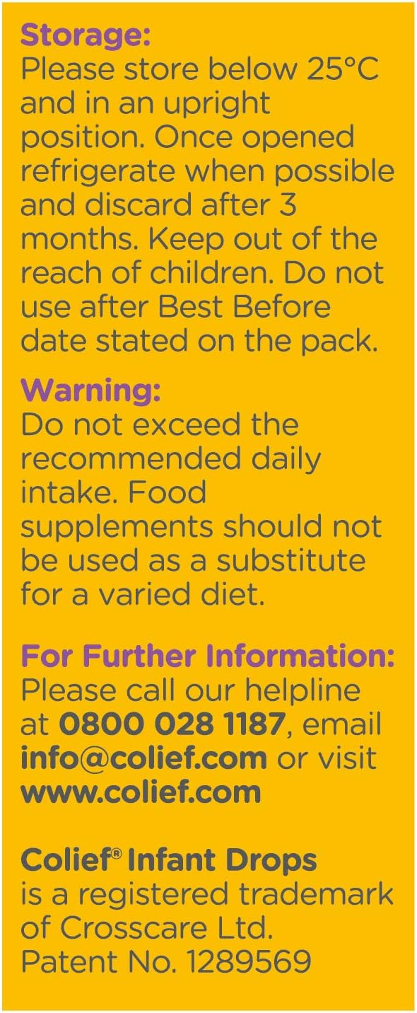 Colief Infant Drops 15ml bottle with storage and usage instructions on yellow label