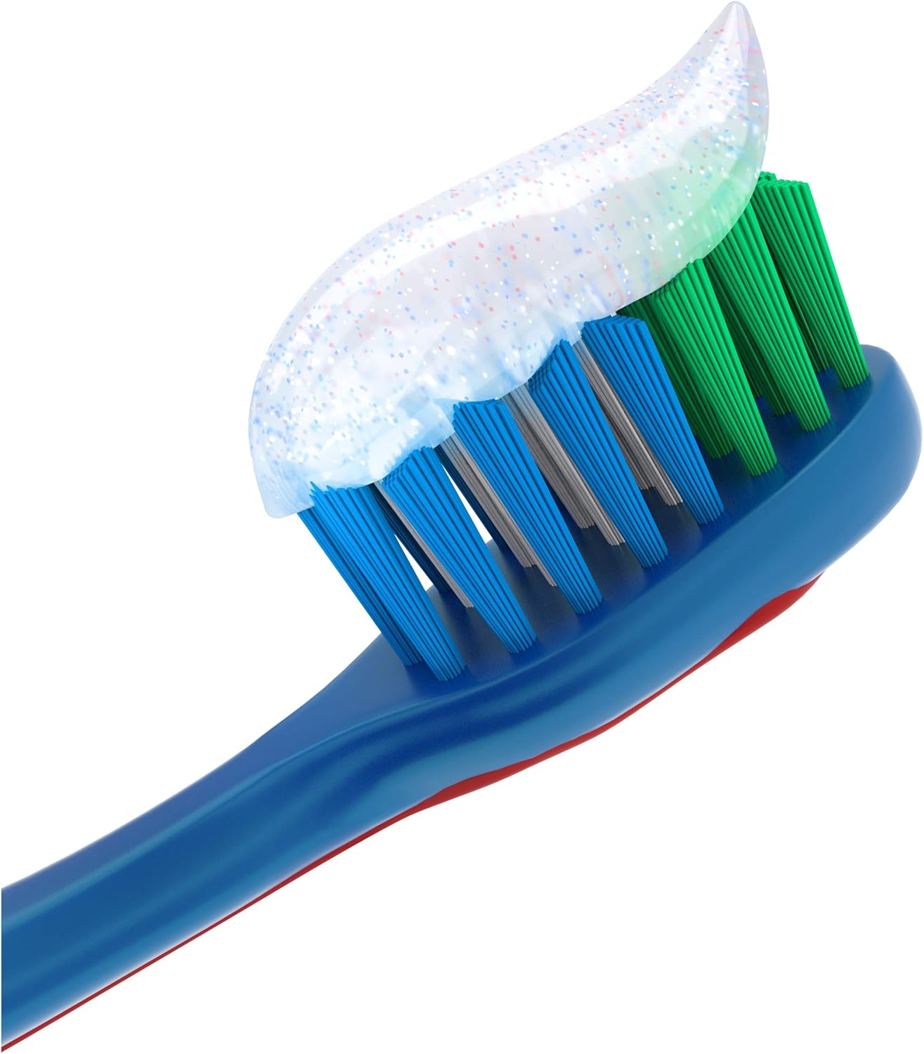 Colgate Kids Mild Mint toothpaste on blue toothbrush for ages 6–9 years